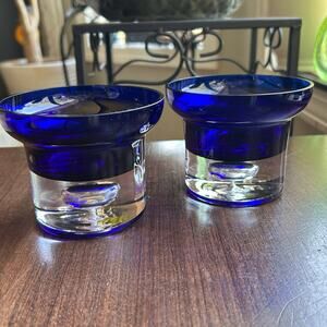 2 PartyLite Cobalt Blue Art Glass Candle Holder Blown Suspended Bubble Base